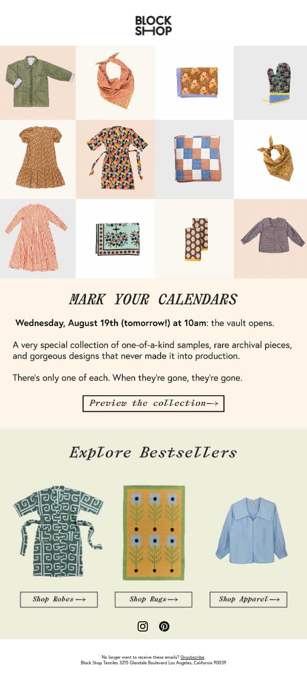 The One-of-a-Kind Collection, tomorrow at 10 email from Block Shop Textiles screenshot