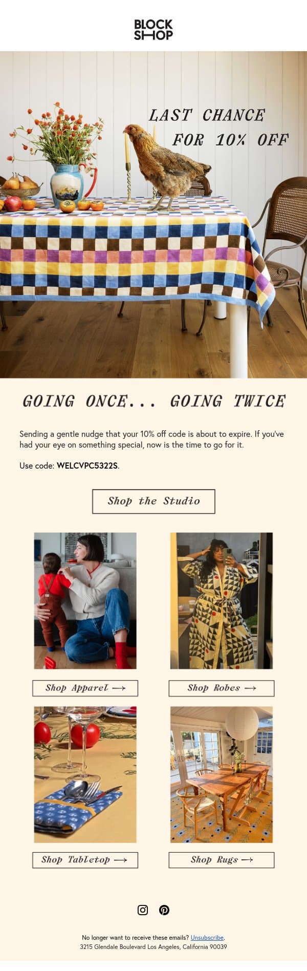 LAST CHANCE FOR 10% OFF email from Block Shop Textiles screenshot