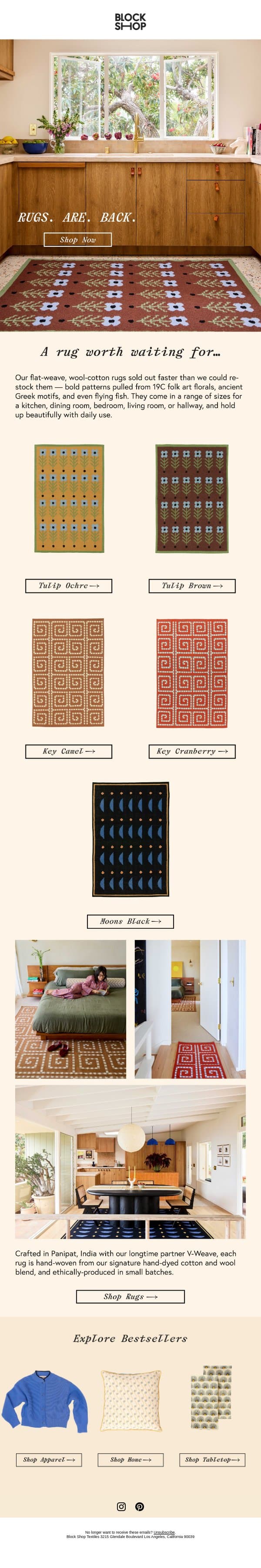 Rugs. Are. Back. email from Block Shop Textiles screenshot