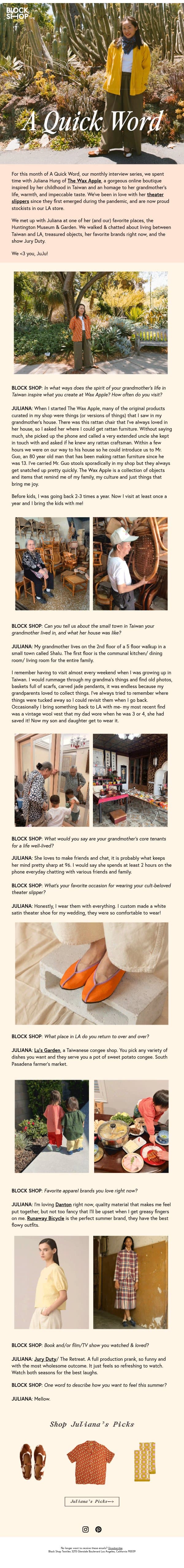 A QUICK WORD: Meet The Wax Apple Founder Julianna Hung email from Block Shop Textiles screenshot