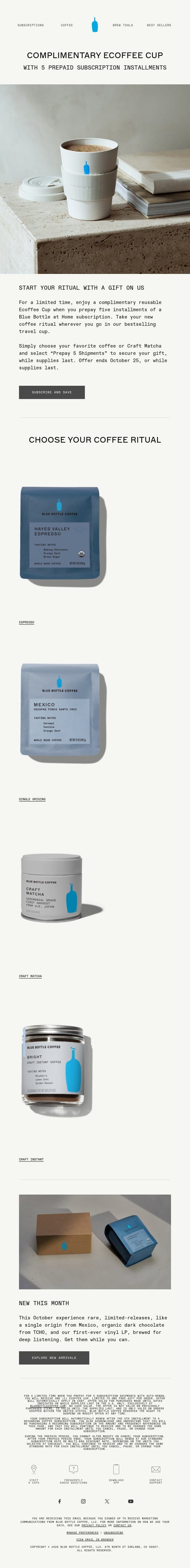 A Complimentary Gift with a Prepaid Subscription email from Blue Bottle Coffee screenshot