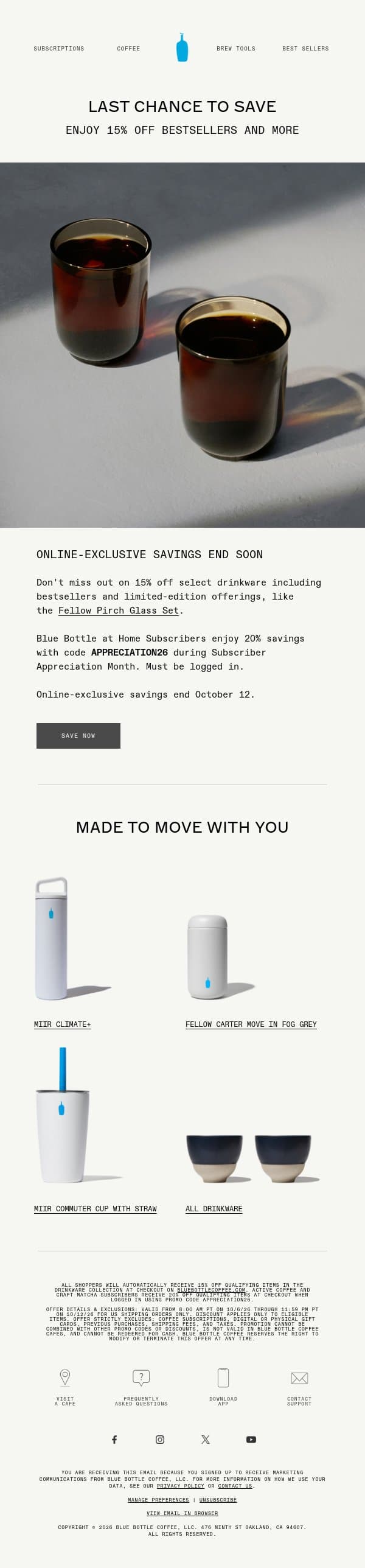 Ends Soon: 15% Savings on Limited-Edition Drinkware email from Blue Bottle Coffee screenshot