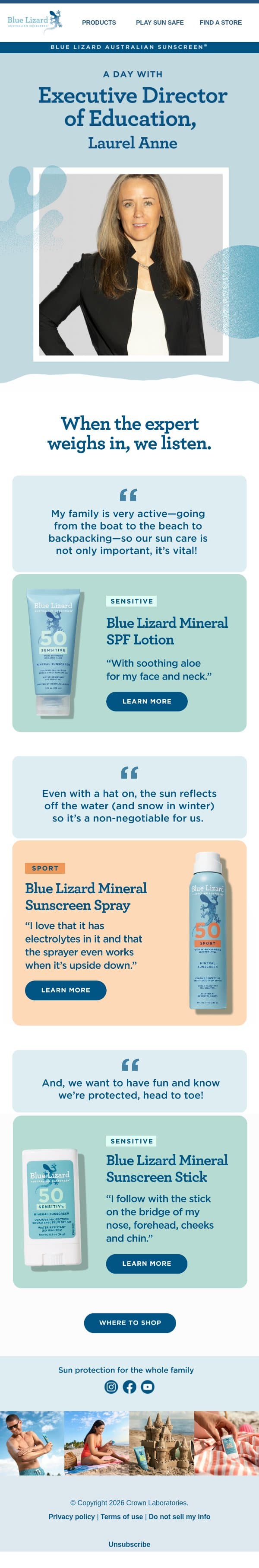 Our Education Director's SPF favorites 💙 email from Blue Lizard screenshot