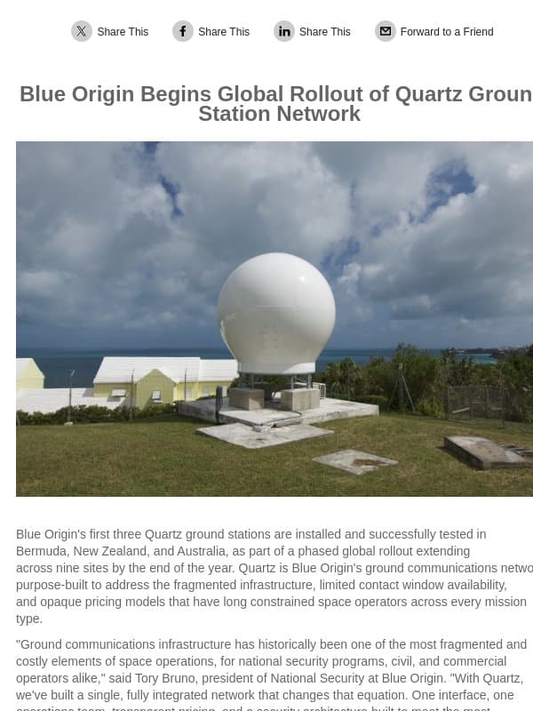 Blue Origin Begins Global Rollout of Quartz Ground Station Network email from Blue Origin