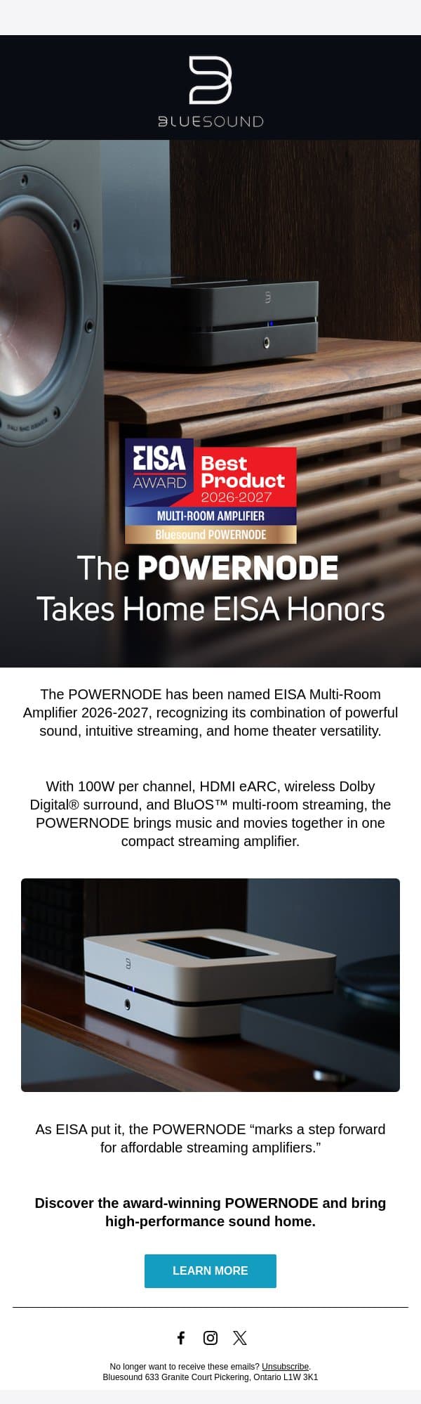 POWERNODE Earns EISA Honors email from Bluesound screenshot