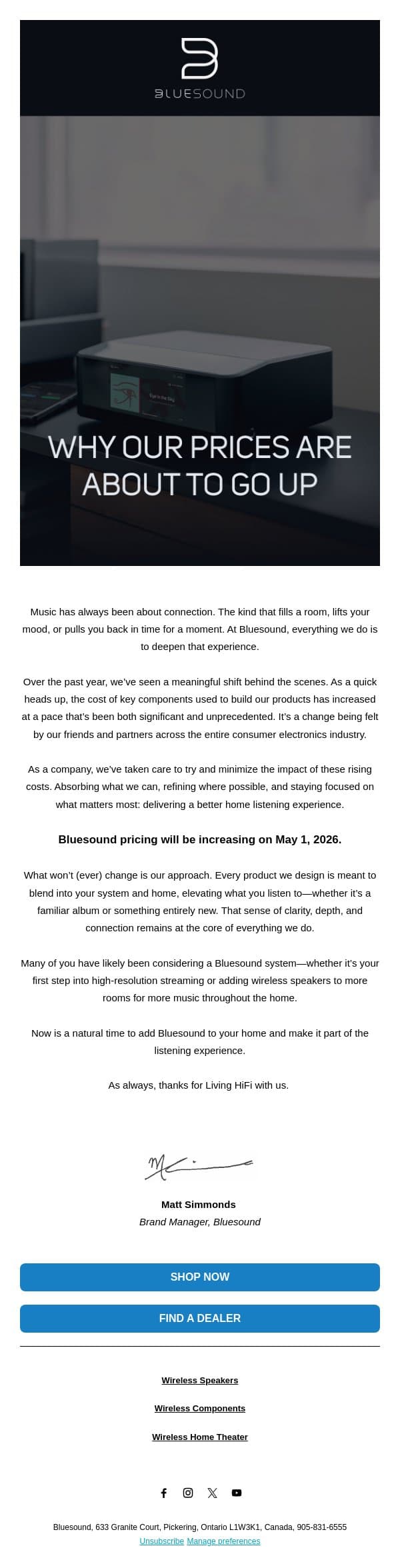 A Note from Bluesound About Pricing email from Bluesound screenshot