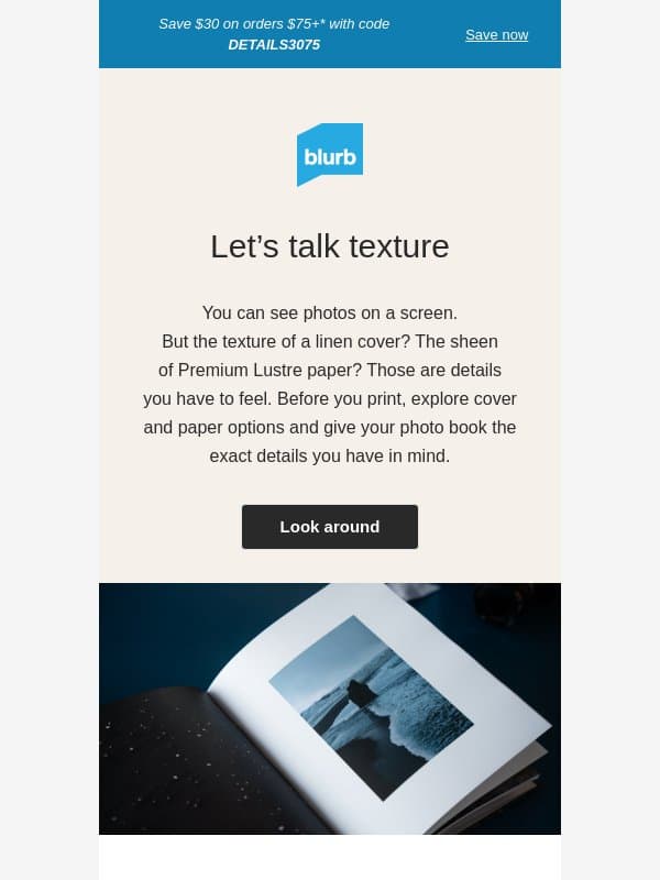Glossy, matte, linen—what’s your texture? email from Blurb