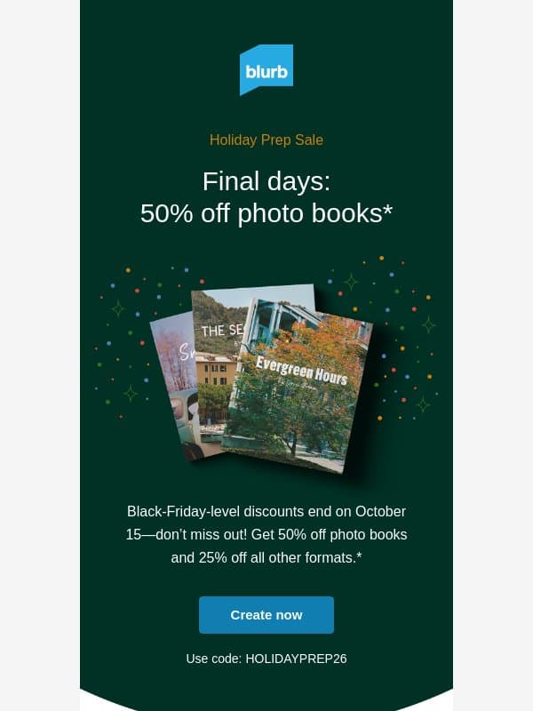 Get 50% off photo books while you can email from Blurb