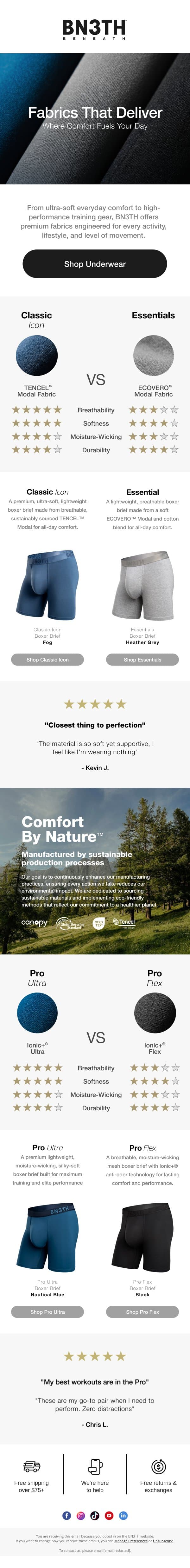 Fabrics Crafted for Comfort & Function email from BN3TH screenshot