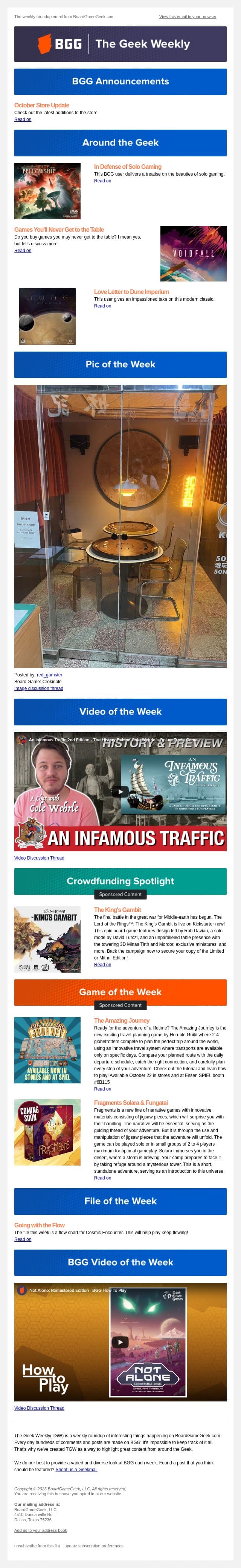 Solo Board Gamers – The Geek Weekly #639 email from Board Game Geek screenshot
