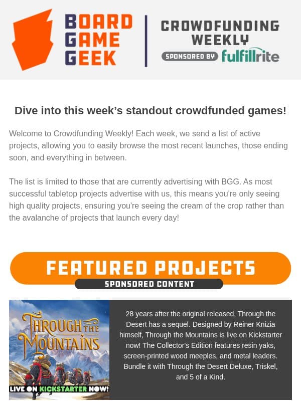 BoardGameGeek Crowdfunding Weekly - Pack the Yaks. Beware the Bear. Battle the Bosses. email from Board Game Geek