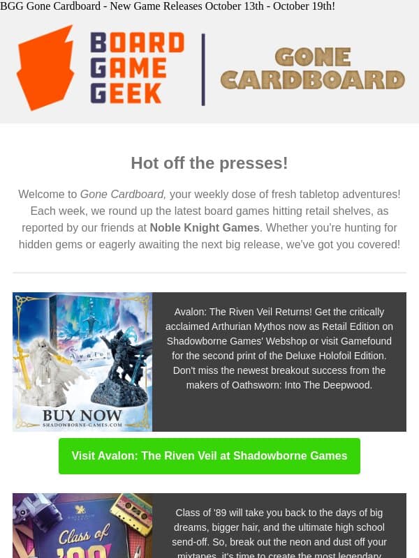 BGG Gone Cardboard - New Game Releases October 13 - October 19! email from Board Game Geek
