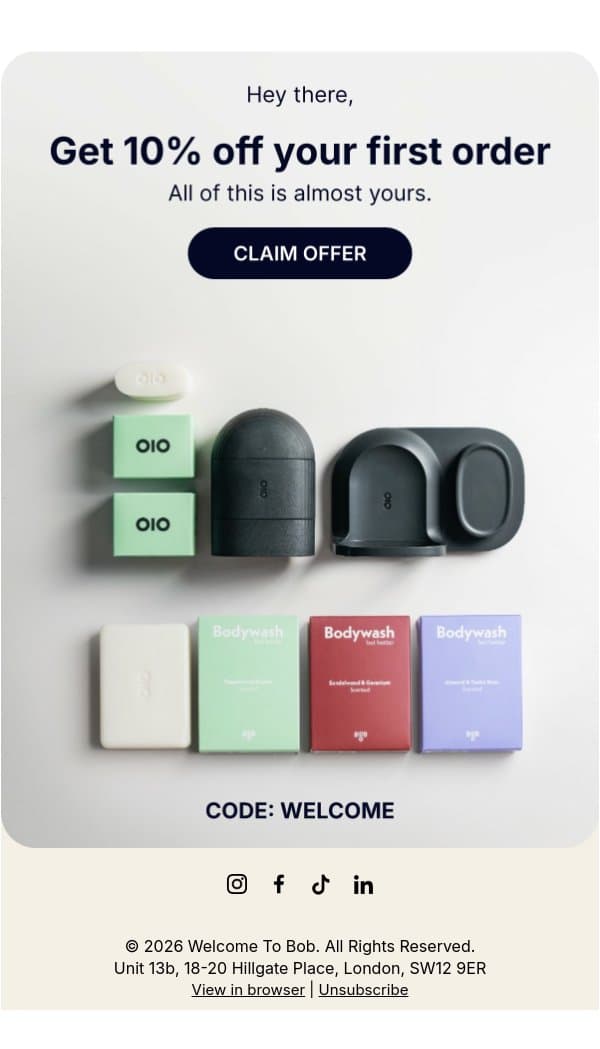 Your welcome offer is here 🧼 email from Bob screenshot