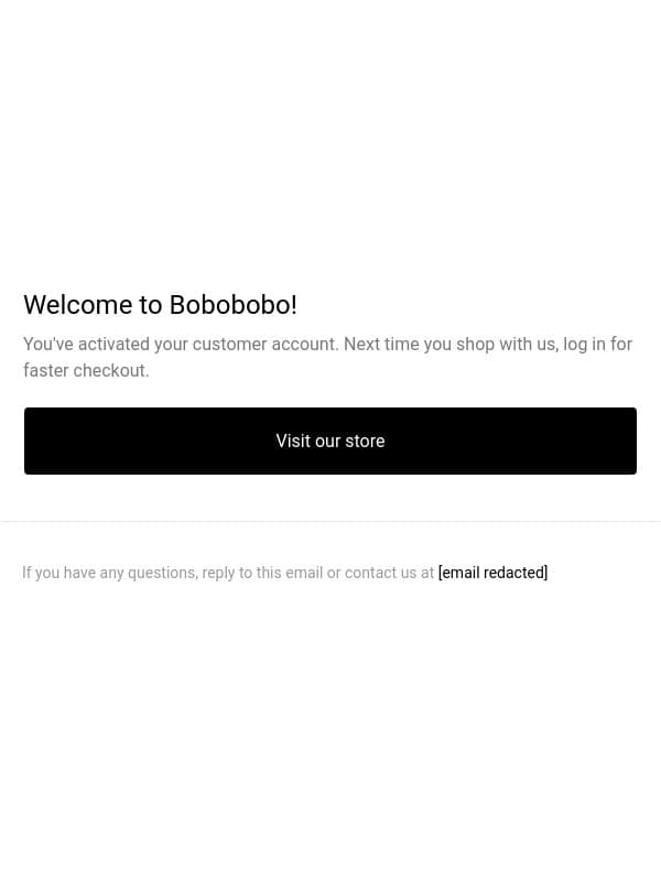 Customer account confirmation email from Bobobobo
