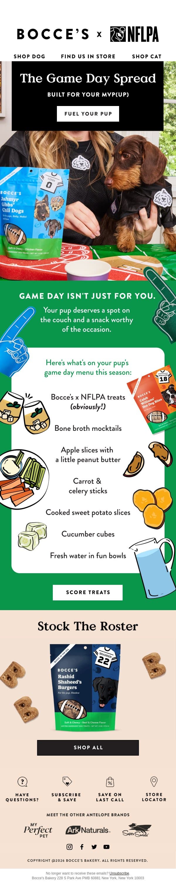 Your pup’s gameday menu 🏈 🐾 email from Bocce's Bakery screenshot