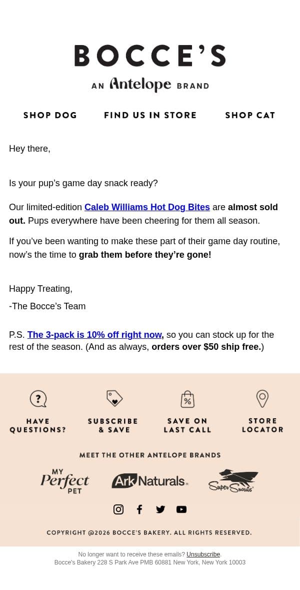 ALMOST GONE: Caleb Williams’ Hot Dog Bites 🏈 🌭 email from Bocce's Bakery screenshot