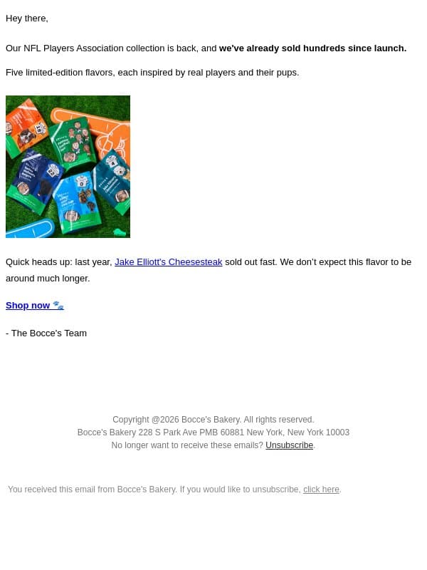 New! NFL Players Association treats are HERE! 🏈 email from Bocce's Bakery screenshot