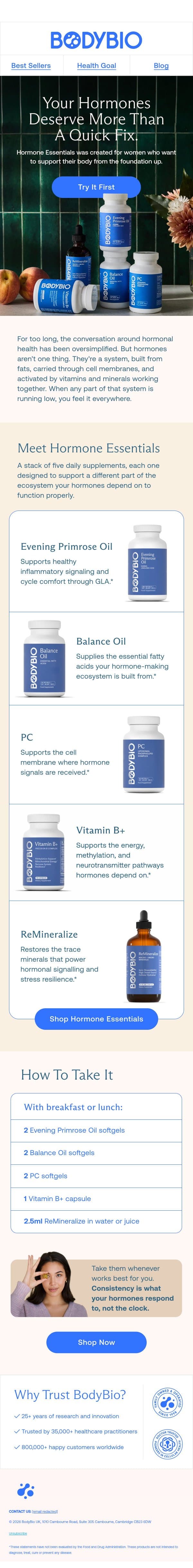 Meet Hormone Essentials. email from Body Bio screenshot