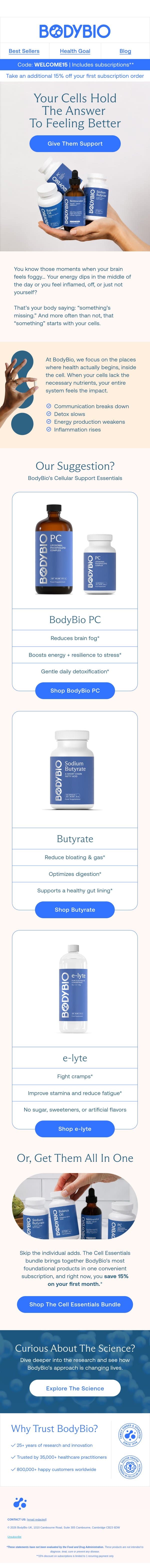 Brain fog? Fatigue? Let’s talk cells 🧠 email from Body Bio screenshot