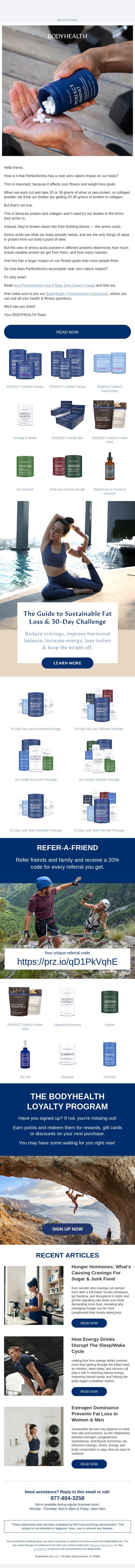 How PerfectAmino Has Near Zero Caloric Impact email from BodyHealth PerfectAmino Electrolytes screenshot