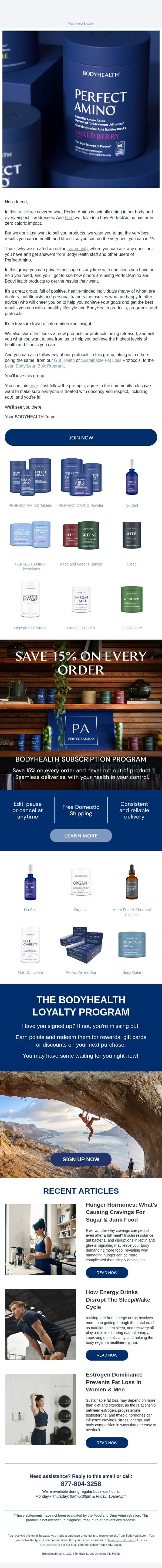 Join Our BodyHealth Community email from BodyHealth PerfectAmino Electrolytes screenshot