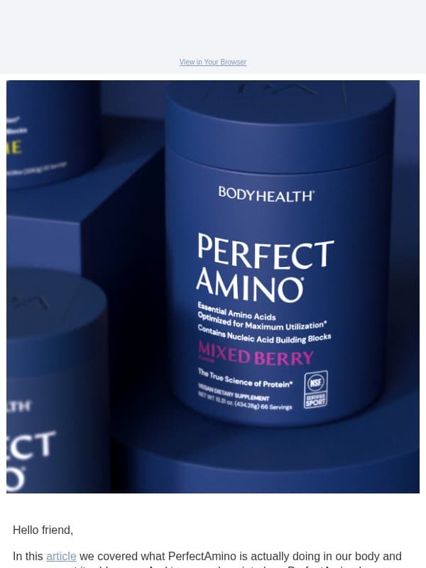 Join Our BodyHealth Community email from BodyHealth PerfectAmino Electrolytes