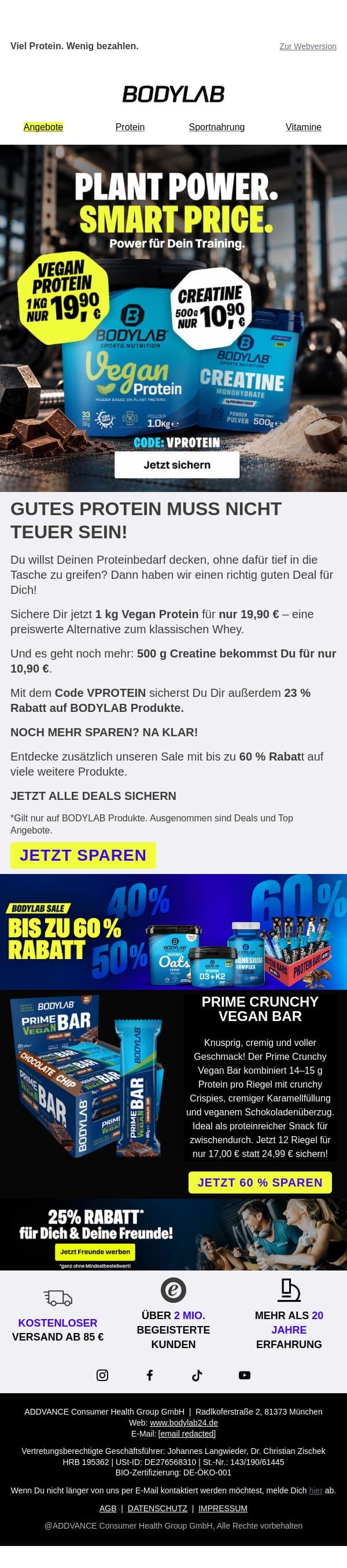 19,90 € für 1 kg Protein. Klingt gut, oder? 🔥 email from Bodylab24 screenshot