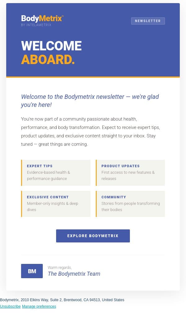 Welcome to the Bodymetrix Newsletter 🎉 email from BodyMetrix screenshot