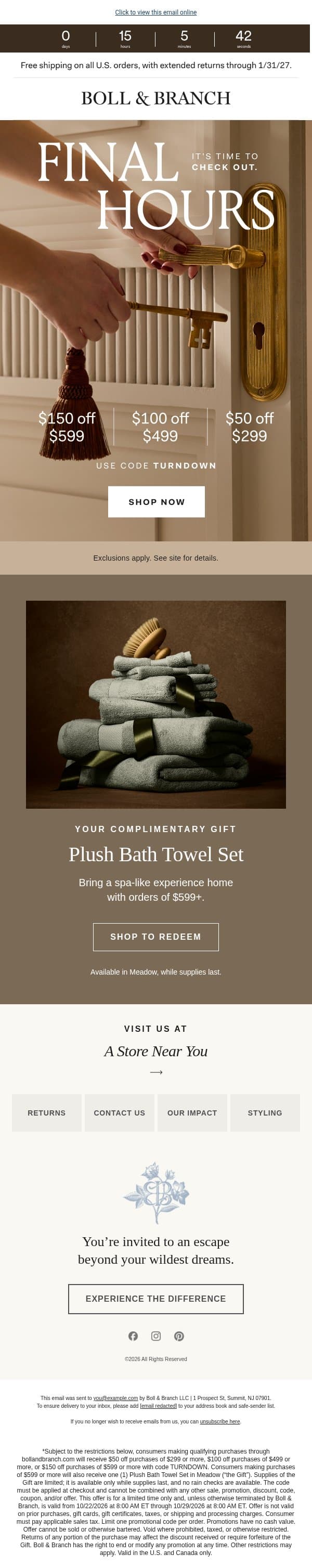 Last chance for up to $150 off email from Boll & Branch screenshot