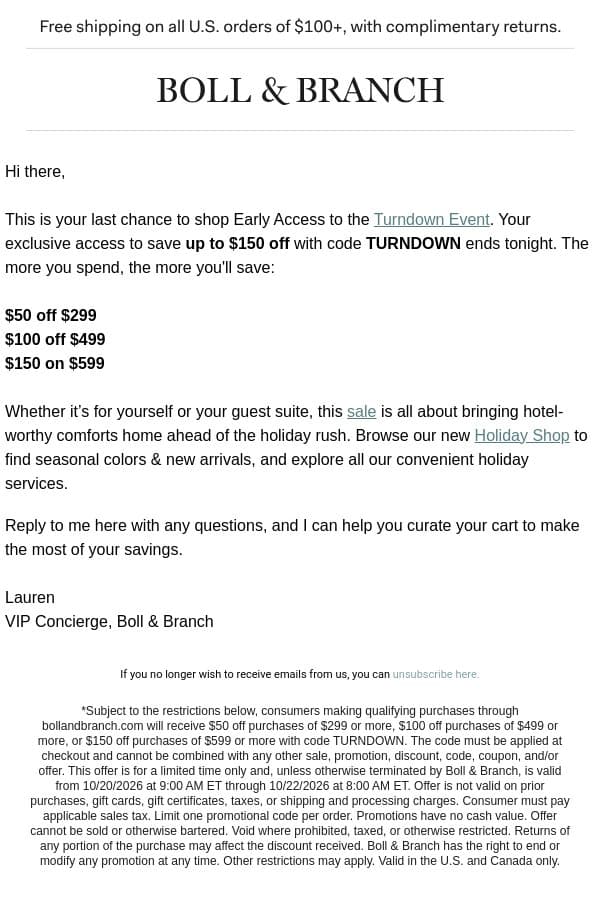 Your early access is ending soon email from Boll & Branch screenshot