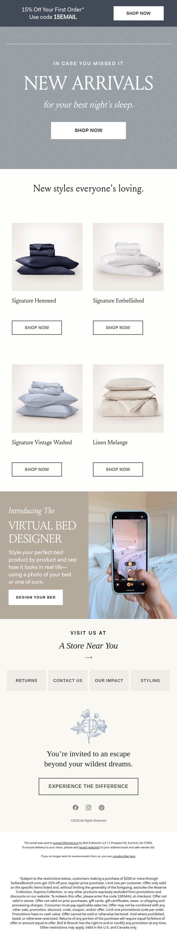 ICYMI: all our latest arrivals email from Boll & Branch screenshot