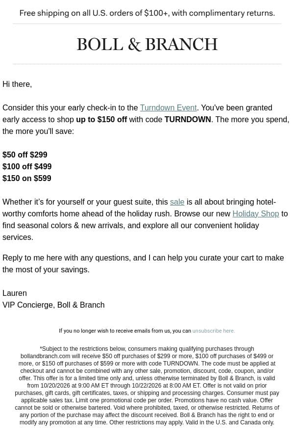 You’ve been selected for early access email from Boll & Branch screenshot