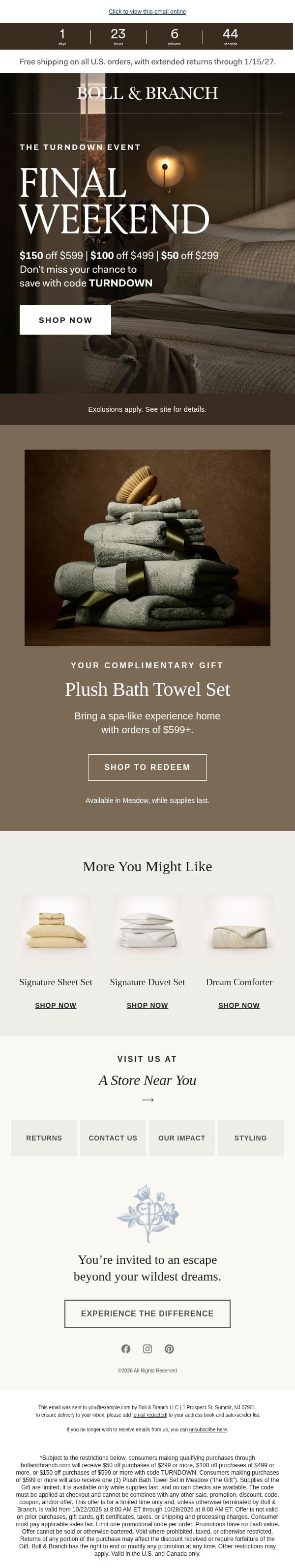 Final weekend: up to $150 off email from Boll & Branch screenshot