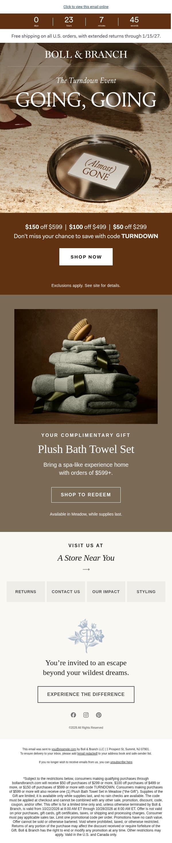 Turndown Event: it's time to check out email from Boll & Branch screenshot
