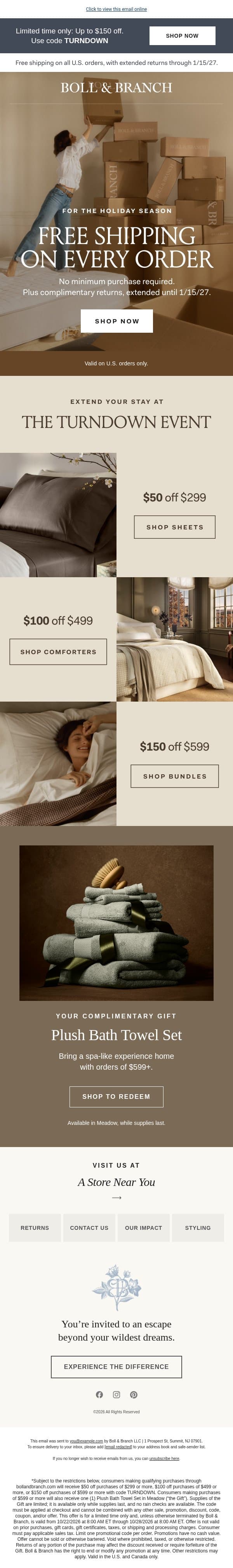 Enjoy free shipping on every order email from Boll & Branch screenshot
