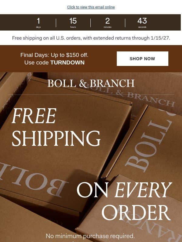 Free shipping is here for the season email from Boll & Branch