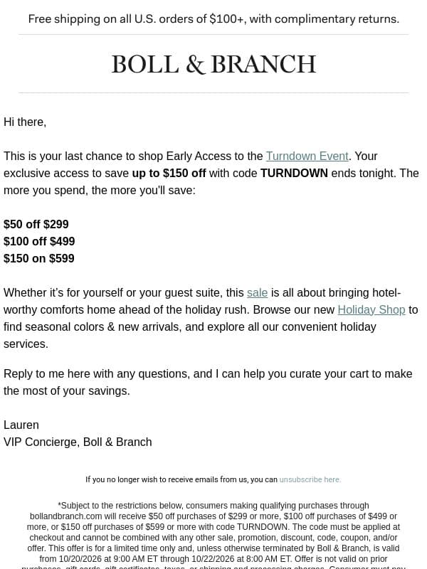 Your early access is ending soon email from Boll & Branch
