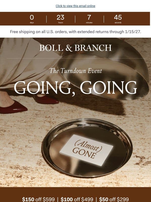 Turndown Event: it's time to check out email from Boll & Branch