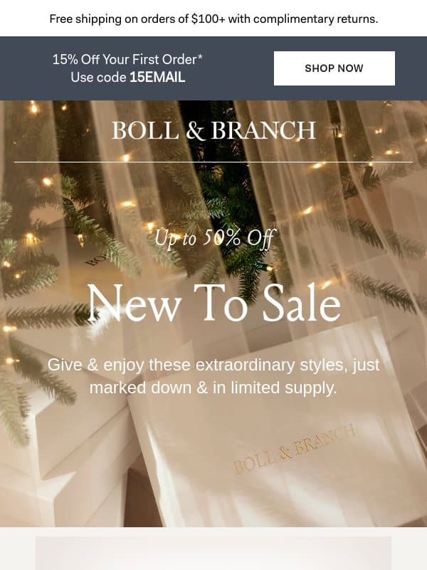 New sale styles (& you get first pick) email from Boll & Branch