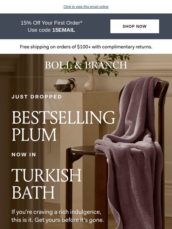 💜 Bestselling Plum, now in Turkish Bath email from Boll & Branch