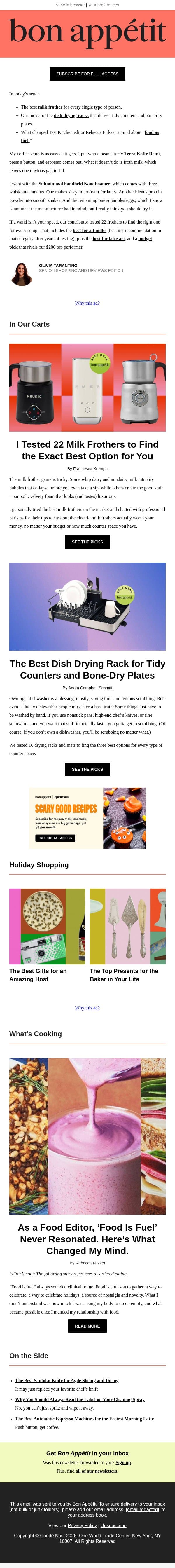 The best milk frother to level up your coffee routine email from Bon Appétit screenshot