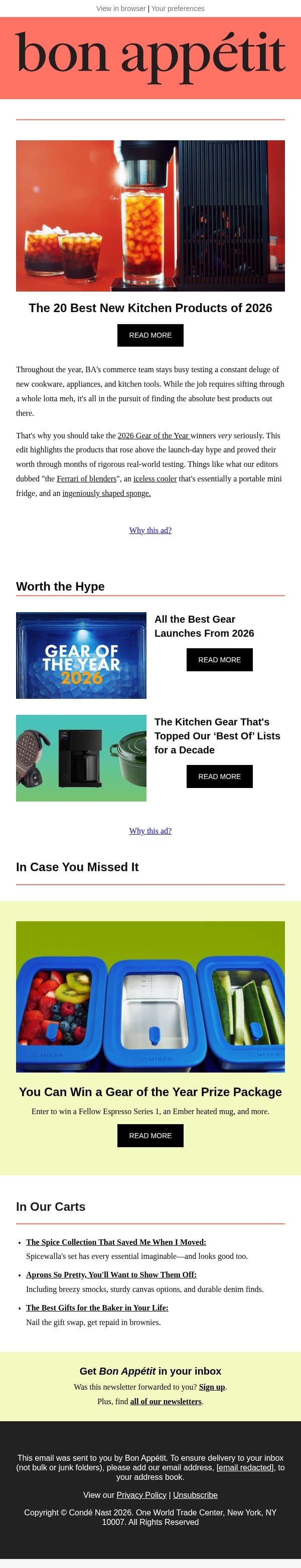 2026's Gear of the Year is here email from Bon Appétit screenshot