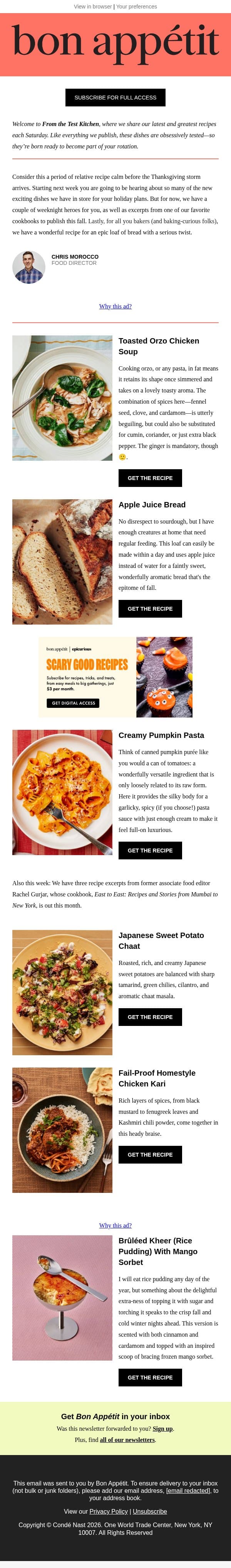 Chicken and toasted orzo soup email from Bon Appétit screenshot
