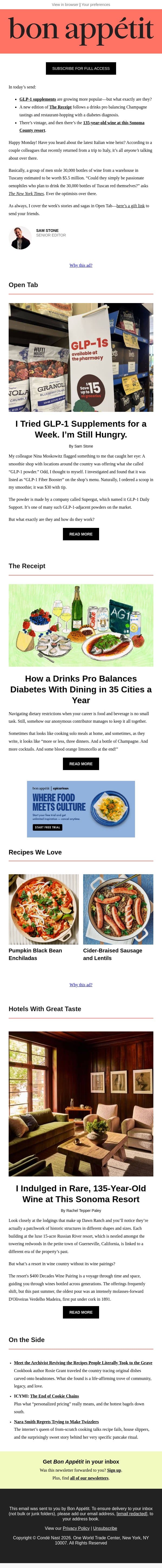 What are GLP-1 boosters, exactly? email from Bon Appétit screenshot