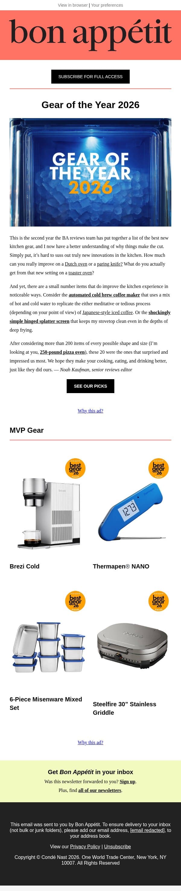 The best new kitchen gear of 2026 email from Bon Appétit screenshot
