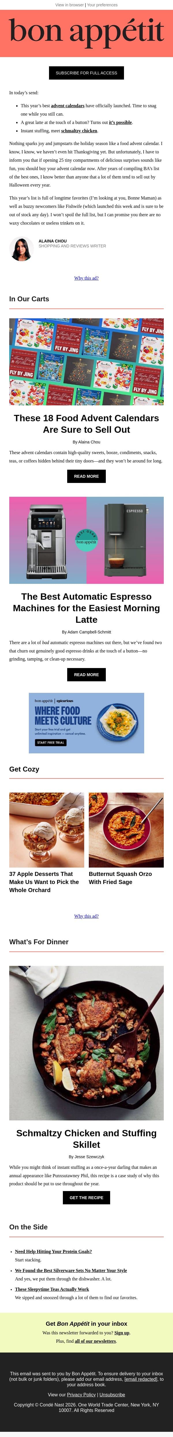 These advent calendars are about to sell out email from Bon Appétit screenshot