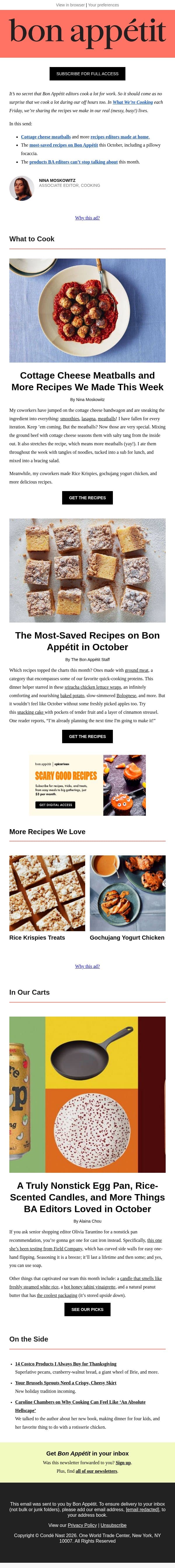 Cottage cheese meatballs email from Bon Appétit screenshot