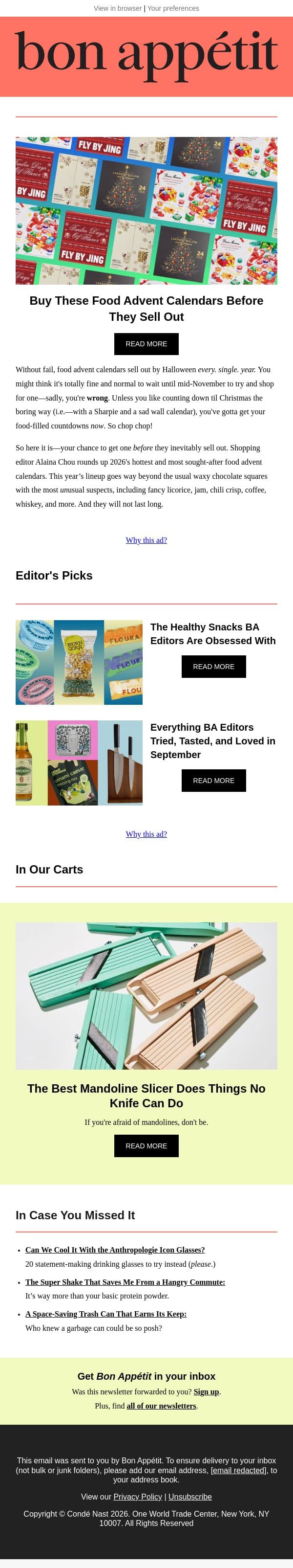 These advent calendars won't make it to December email from Bon Appétit screenshot