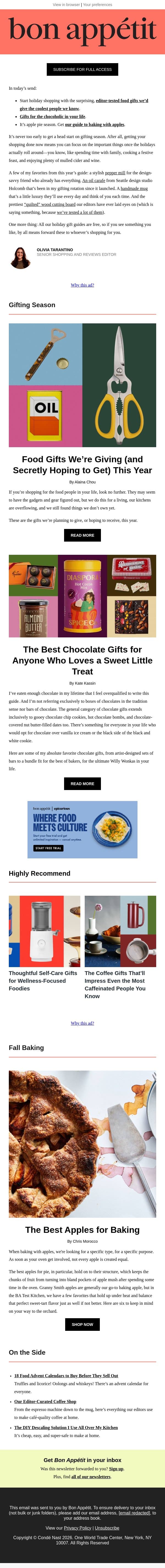Our gift guide for the cook who has everything email from Bon Appétit screenshot