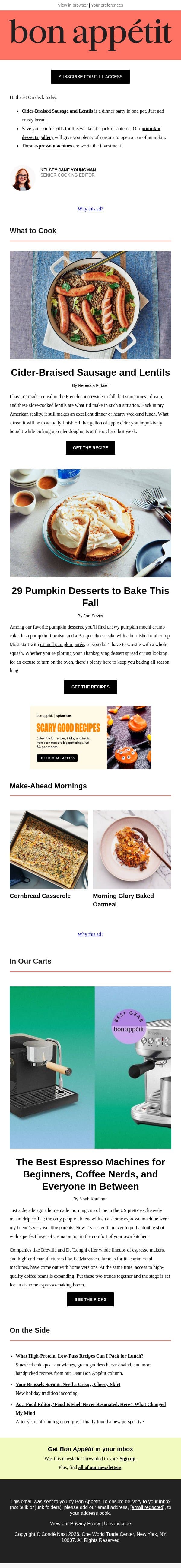 Cider-braised sausage and lentils email from Bon Appétit screenshot